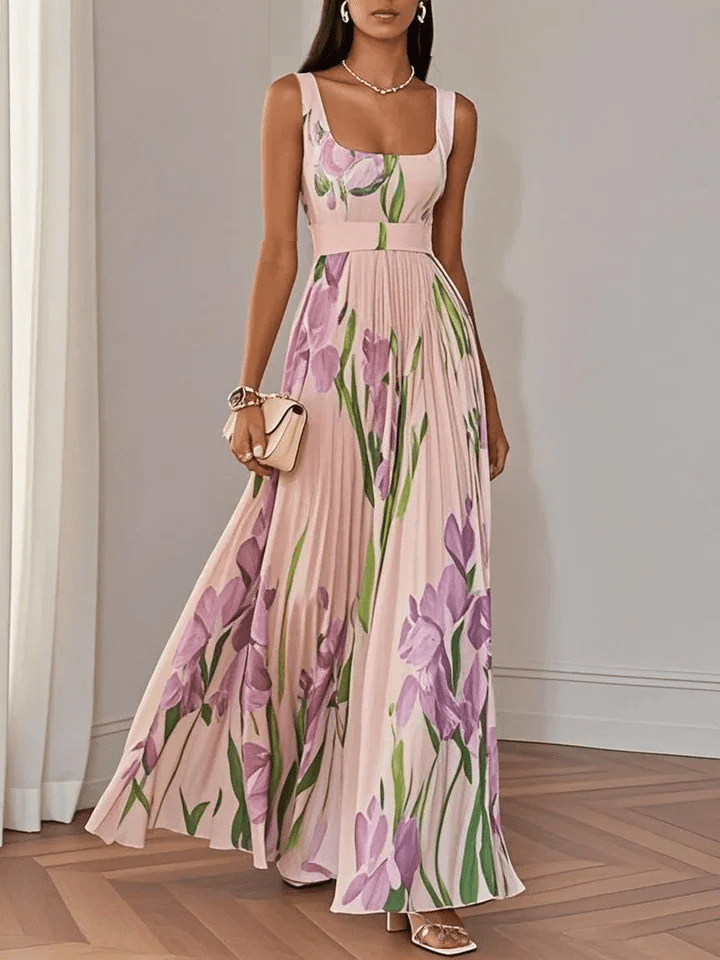 Damen Maxikleid mit Tulpendruck für Hochzeitsgäste im Sommer in Rosa