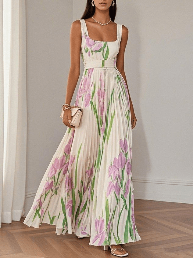 Damen Maxikleid mit Tulpendruck für Hochzeitsgäste im Sommer in Weiß