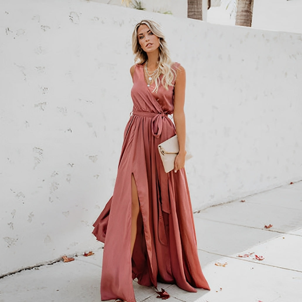 Damen Maxikleid mit V-Ausschnitt für Hochzeitsgäste in Rosa
