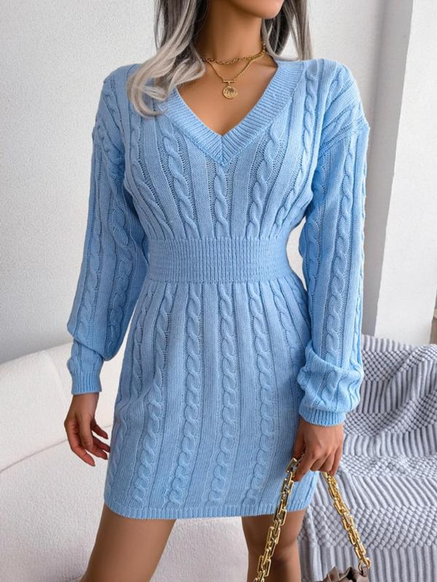Damen Midi-Strickkleid mit Kabelstrickmuster für Herbst in Blau