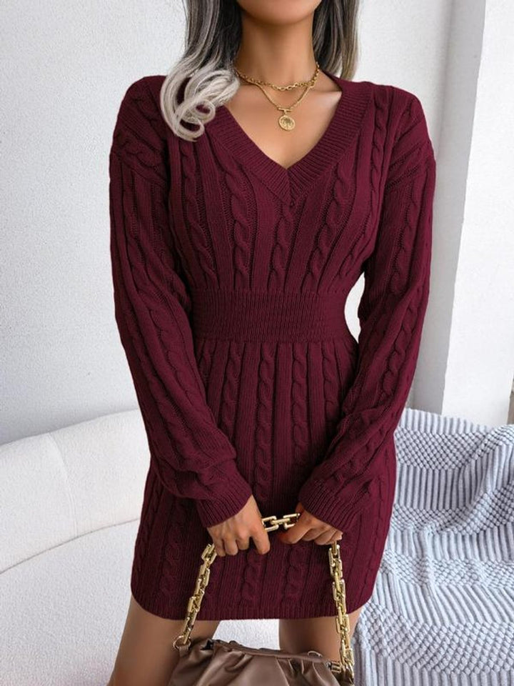 Damen Midi-Strickkleid mit Kabelstrickmuster für Herbst in Burgunderrot