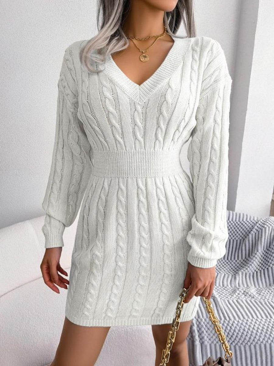 Damen Midi-Strickkleid mit Kabelstrickmuster für Herbst in Cremeweiß