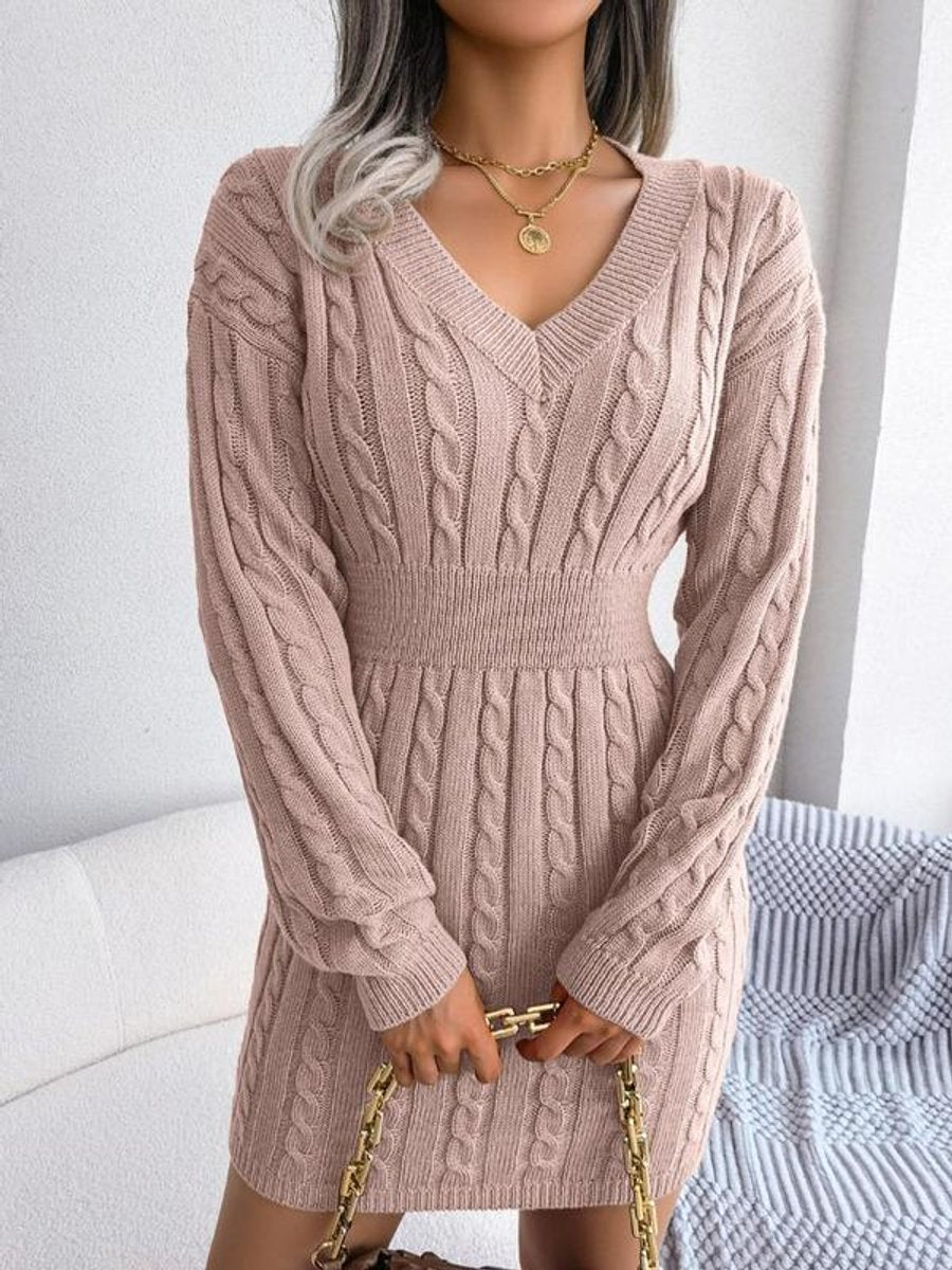 Damen Midi-Strickkleid mit Kabelstrickmuster für Herbst in Rosa