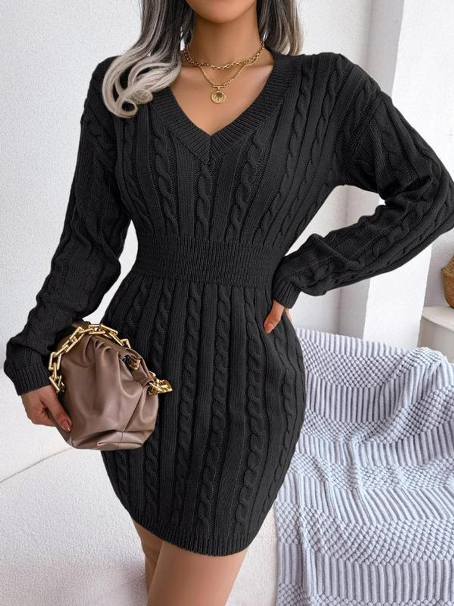Damen Midi-Strickkleid mit Kabelstrickmuster für Herbst in Schwarz