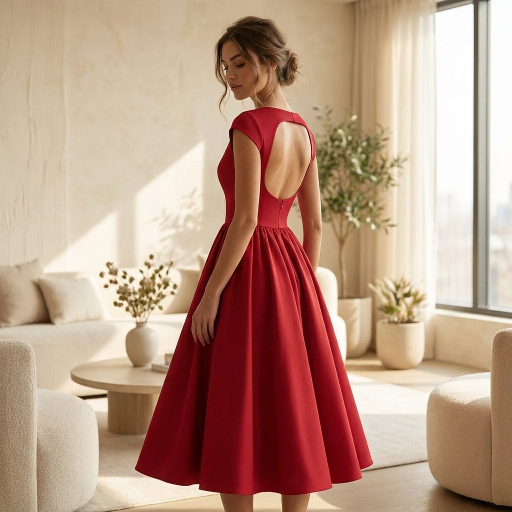 Damen Midikleid im klassischen Stil mit Puffärmeln für formale Hochzeitsgäste (8)