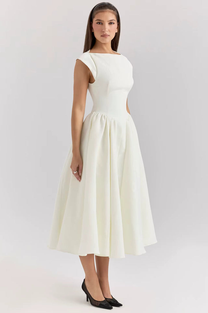 Damen Midikleid im klassischen Stil mit Puffärmeln für formale Hochzeitsgäste in Weiß