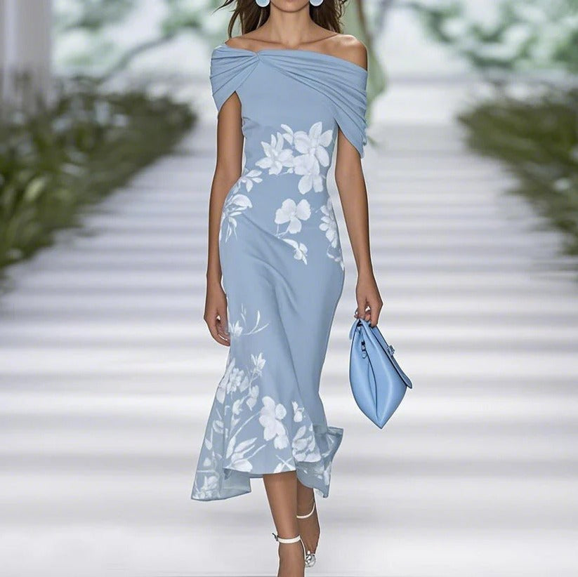 Damen Midikleid mit floralem Muster und raffinierten Details für Hochzeitsgäste in Blau