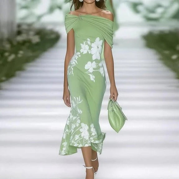 Damen Midikleid mit floralem Muster und raffinierten Details für Hochzeitsgäste in Grün