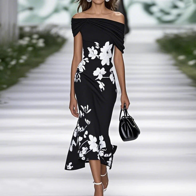 Damen Midikleid mit floralem Muster und raffinierten Details für Hochzeitsgäste in Schwarz