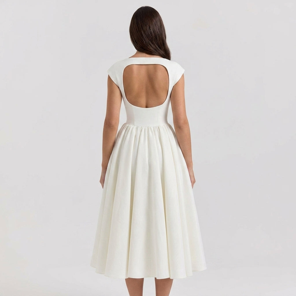 Damen Midikleid mit strukturierten Kappenärmeln und klassischem Ausschnitt für Hochzeitsgäste (3)