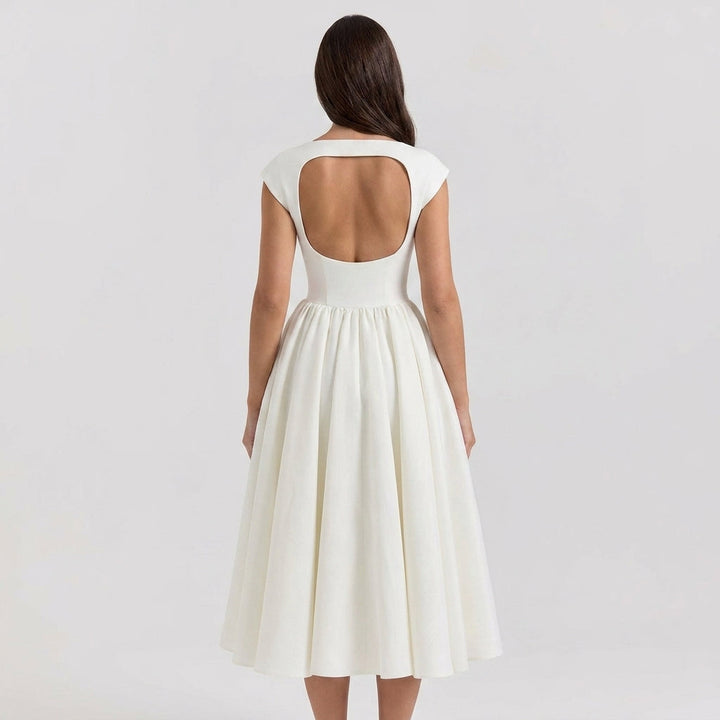 Damen Midikleid mit strukturierten Kappenärmeln und klassischem Ausschnitt für Hochzeitsgäste (3)