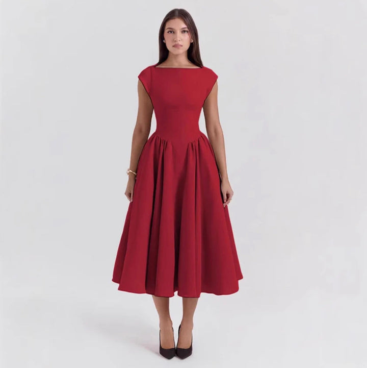 Damen Midikleid mit strukturierten Kappenärmeln und klassischem Ausschnitt für Hochzeitsgäste in Rot