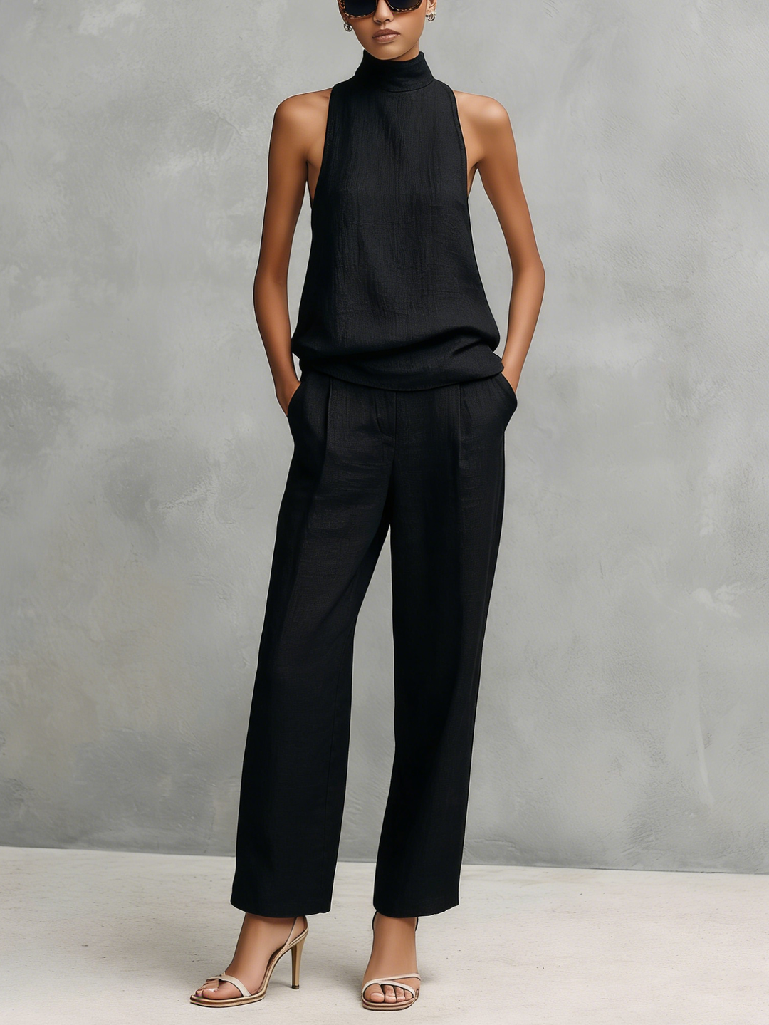 Damen minimalistisches ärmelloses Set in Schwarz