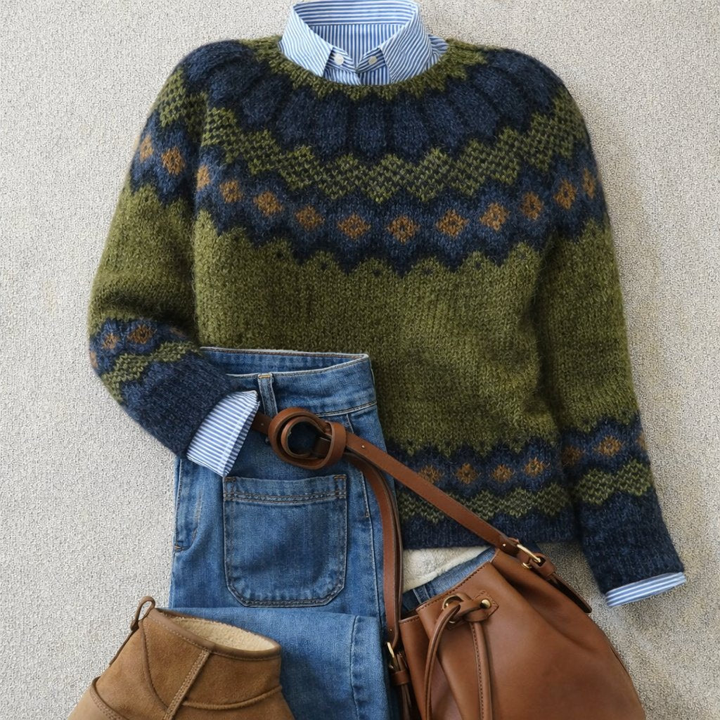 Damen Norweger Pullover Fair-Isle Rundhals Herbst in Grün