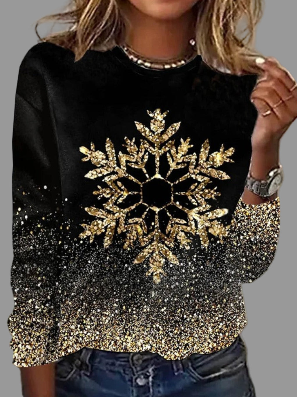 Damen Norweger Pullover mit goldenen Schneeflocken in Goldfarben
