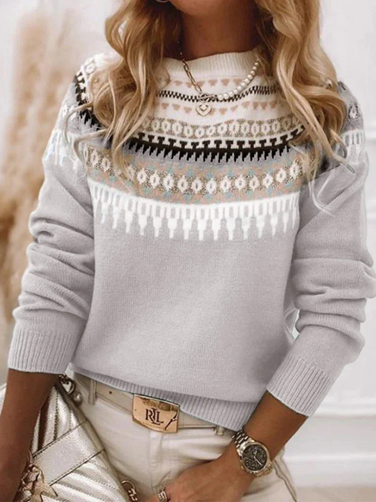 Damen Norweger Pullover mit Nordic-Muster in Grau