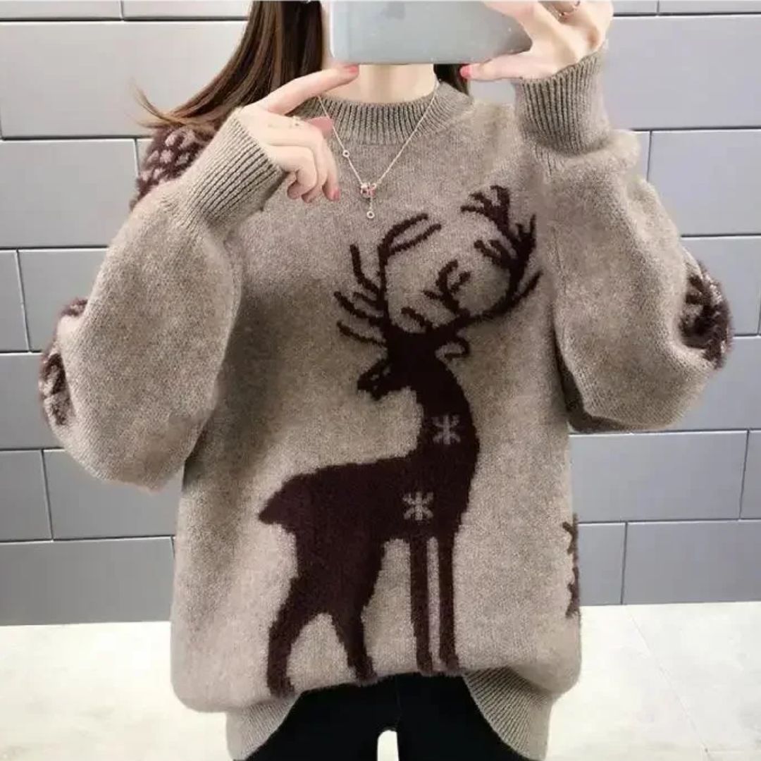 Damen Norweger Pullover mit Rentiermotiv in Braun