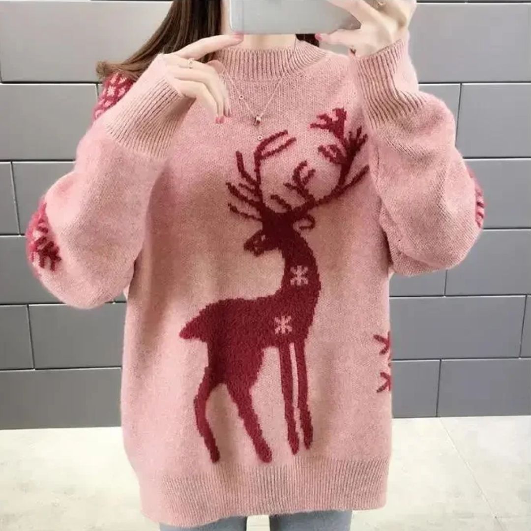 Damen Norweger Pullover mit Rentiermotiv in Rosa