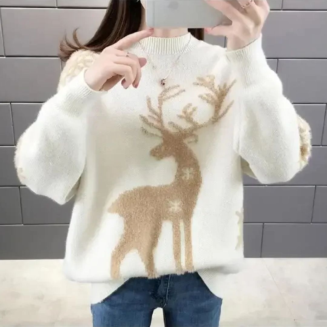 Damen Norweger Pullover mit Rentiermotiv in Weiß