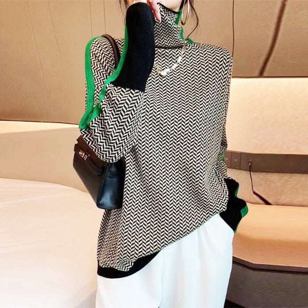 Damen Norweger Pullover Rollkragen Langarm in Grün