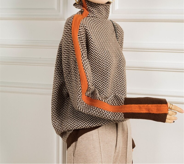 Damen Norweger Pullover Rollkragen Langarm in Orange