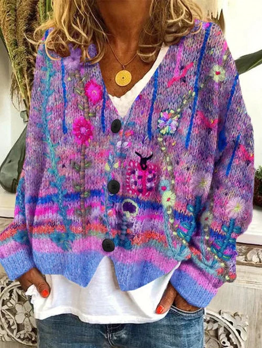 Damen Oversize-Strickjacke mit Blumenmuster zum Überziehen (2)