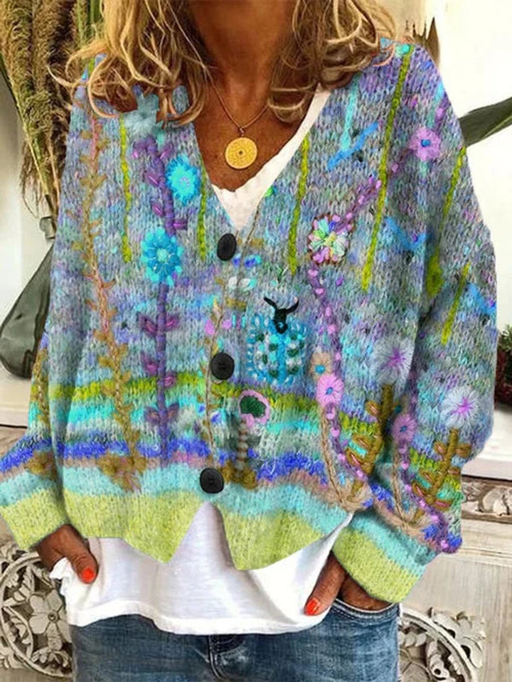 Damen Oversize-Strickjacke mit Blumenmuster zum Überziehen in Blau