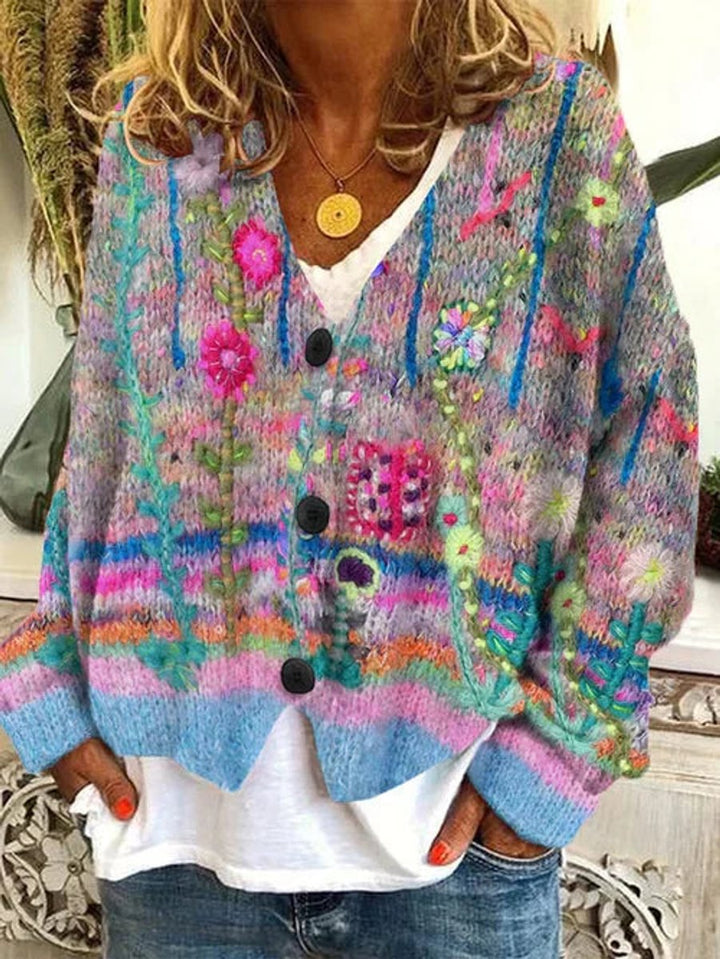 Damen Oversize-Strickjacke mit Blumenmuster zum Überziehen in Grau