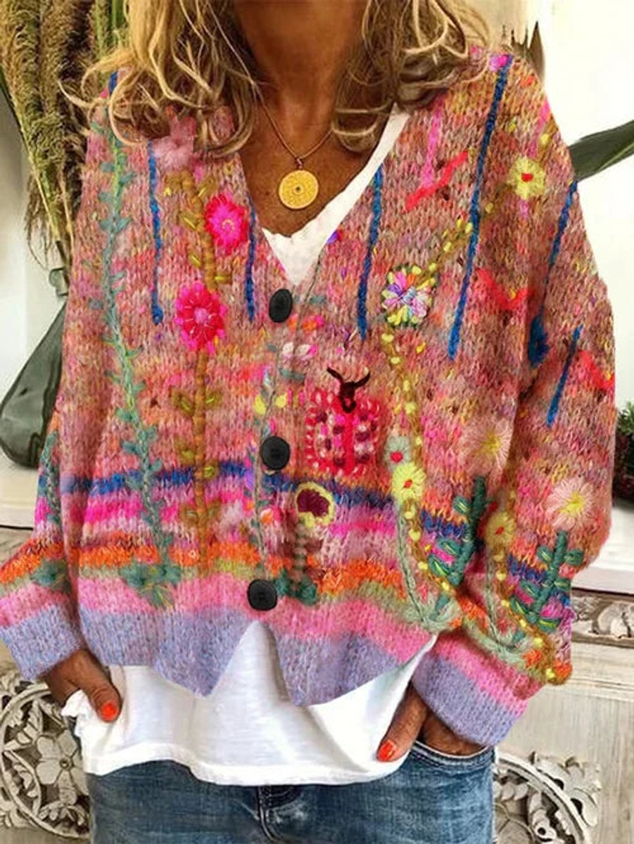 Damen Oversize-Strickjacke mit Blumenmuster zum Überziehen in Orange