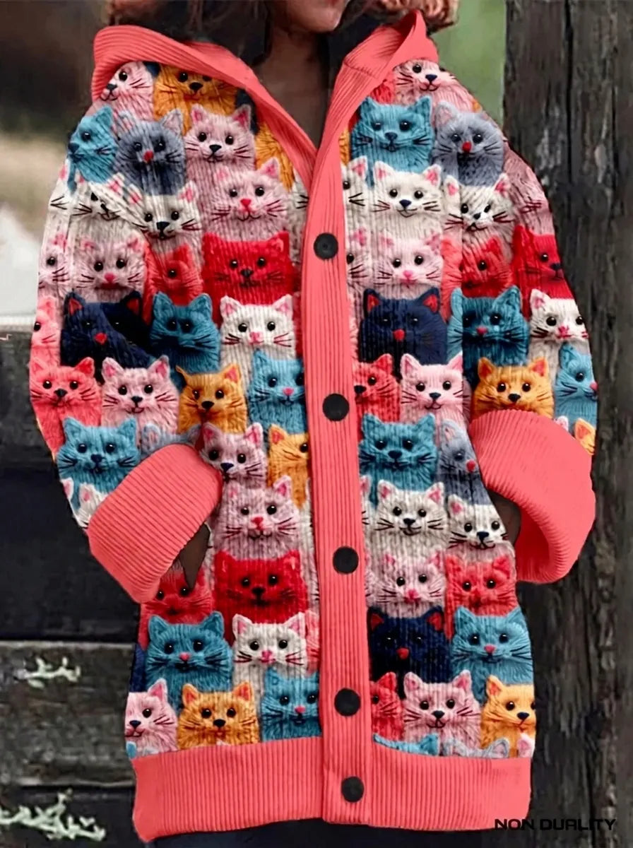 Damen Oversize Strickjacke mit verspieltem Katzenmuster in Entwurf 1
