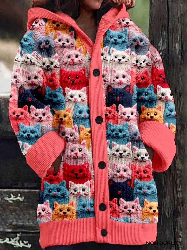 Damen Oversize Strickjacke mit verspieltem Katzenmuster in Entwurf 1