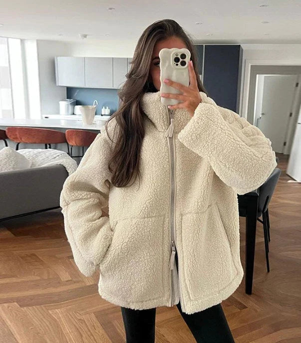 Damen Oversize Teddy-Jacke für Herbst in Beige 1