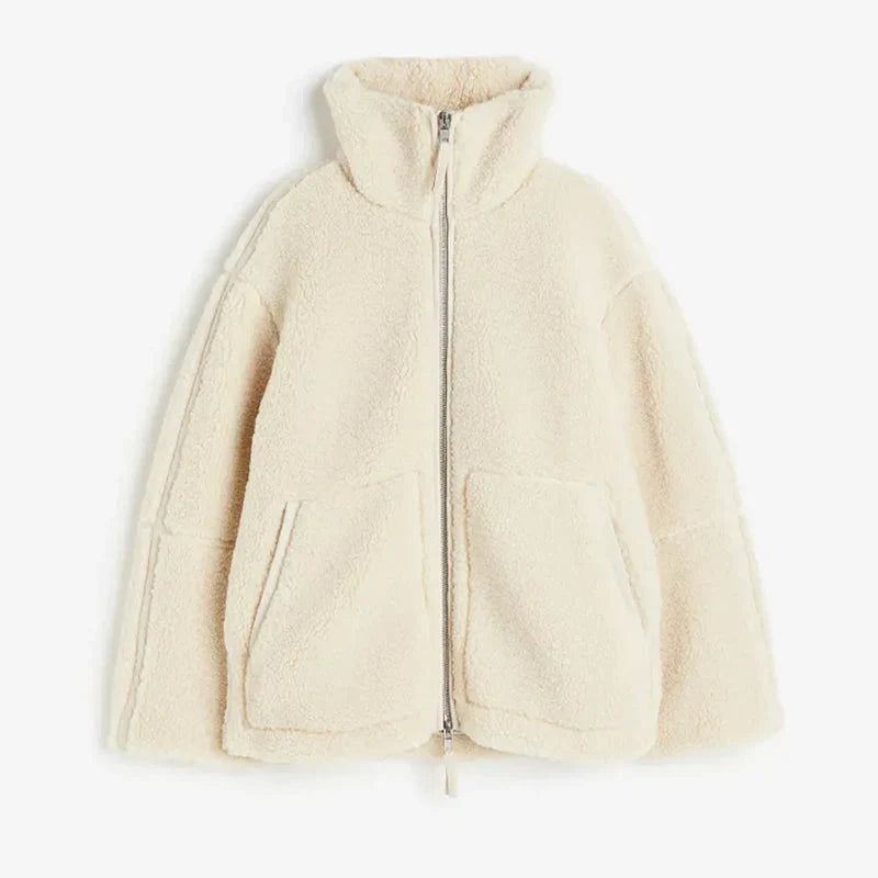 Damen Oversize Teddy-Jacke für Herbst in Beige 2