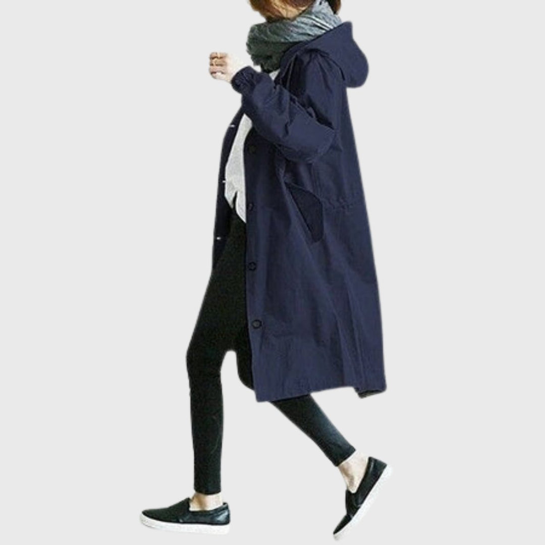 Damen Oversized Midi Trenchcoat mit Kapuze in Blau