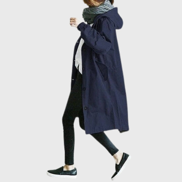 Damen Oversized Midi Trenchcoat mit Kapuze in Blau