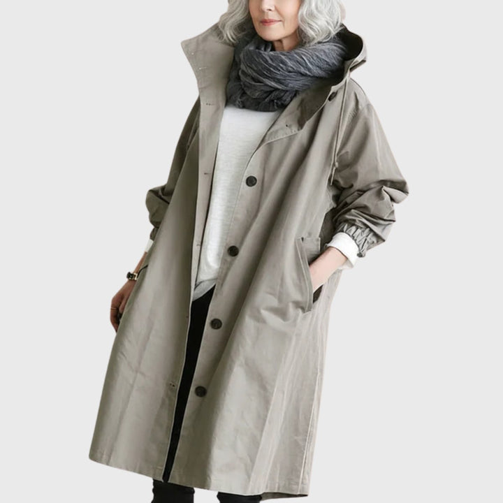 Damen Oversized Midi Trenchcoat mit Kapuze in Grau