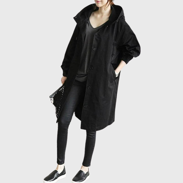 Damen Oversized Midi Trenchcoat mit Kapuze in Schwarz