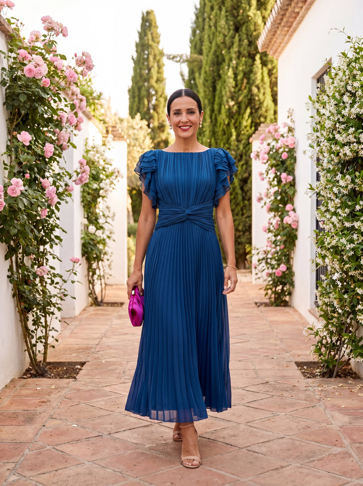 Damen Plissiertes Maxikleid für Hochzeitsgäste in Blau