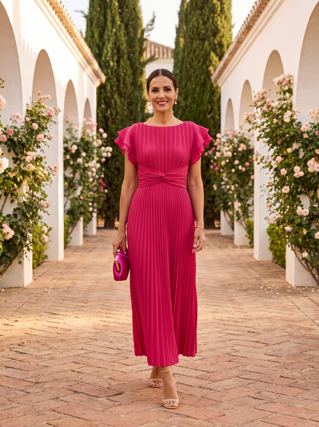 Damen Plissiertes Maxikleid für Hochzeitsgäste in Rosa
