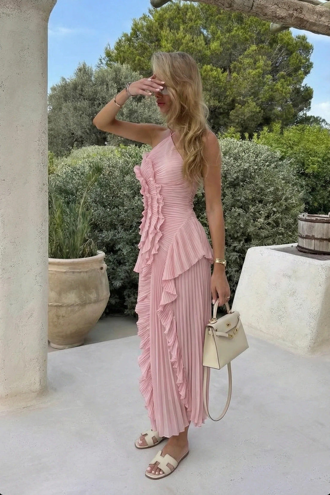 Damen plissiertes Maxikleid mit zierlichen Rüschen für Hochzeitsgäste im Sommer in Rosa 4