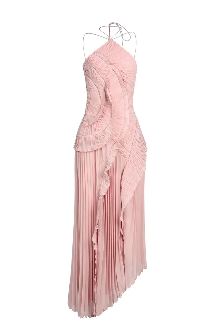 Damen plissiertes Maxikleid mit zierlichen Rüschen für Hochzeitsgäste im Sommer in Rosa 6