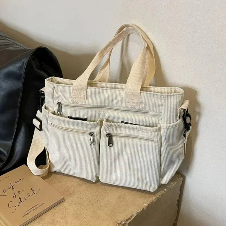 Damen Praktische Kord Umhängetasche mit Tragegurt für Alltag in Beige