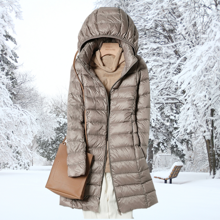 Damen Pufferjacke mit Kapuze und Reißverschluss in Beige