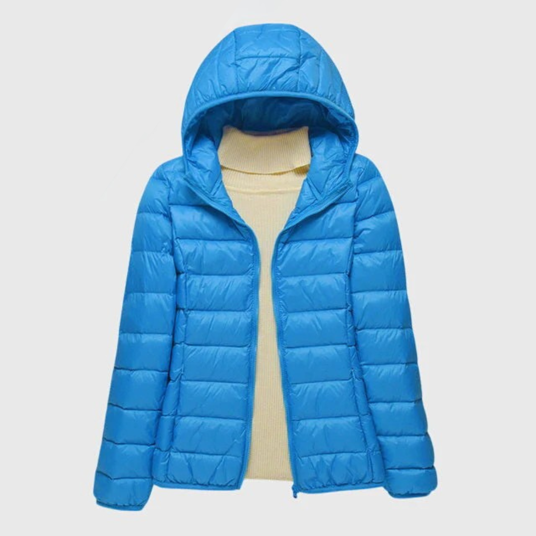 Damen Pufferjacke mit Wickelbund und hohem Kragen in Blau