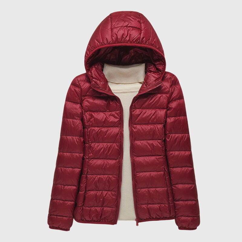 Damen Pufferjacke mit Wickelbund und hohem Kragen in Bordeaux
