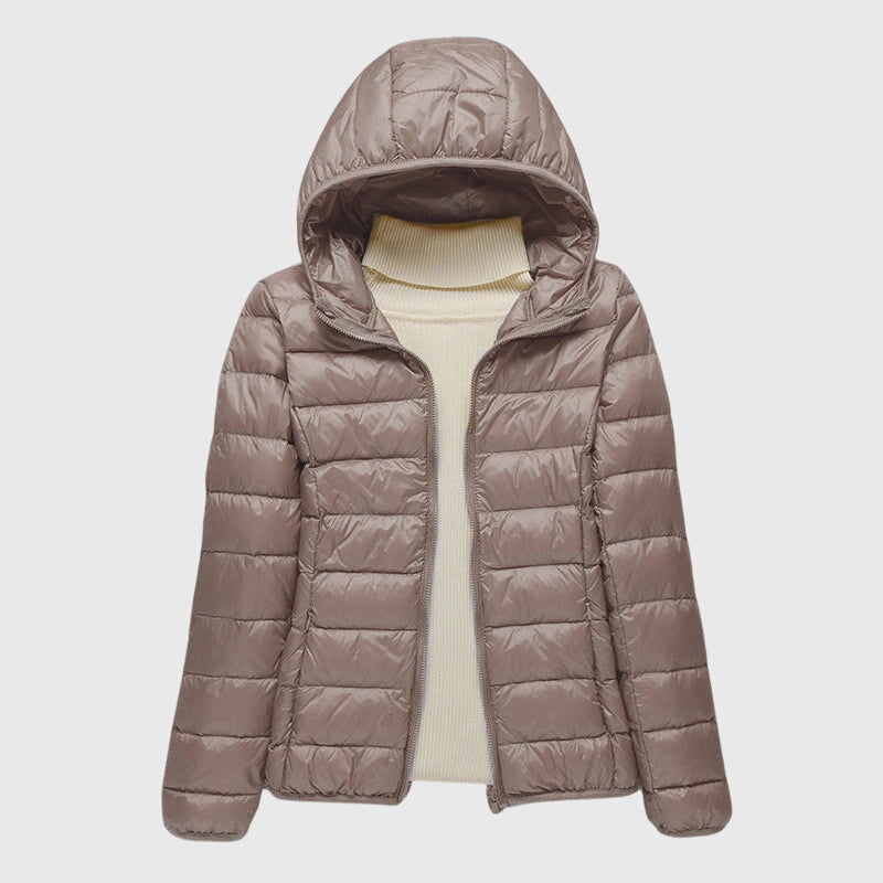 Damen Pufferjacke mit Wickelbund und hohem Kragen in Khaki