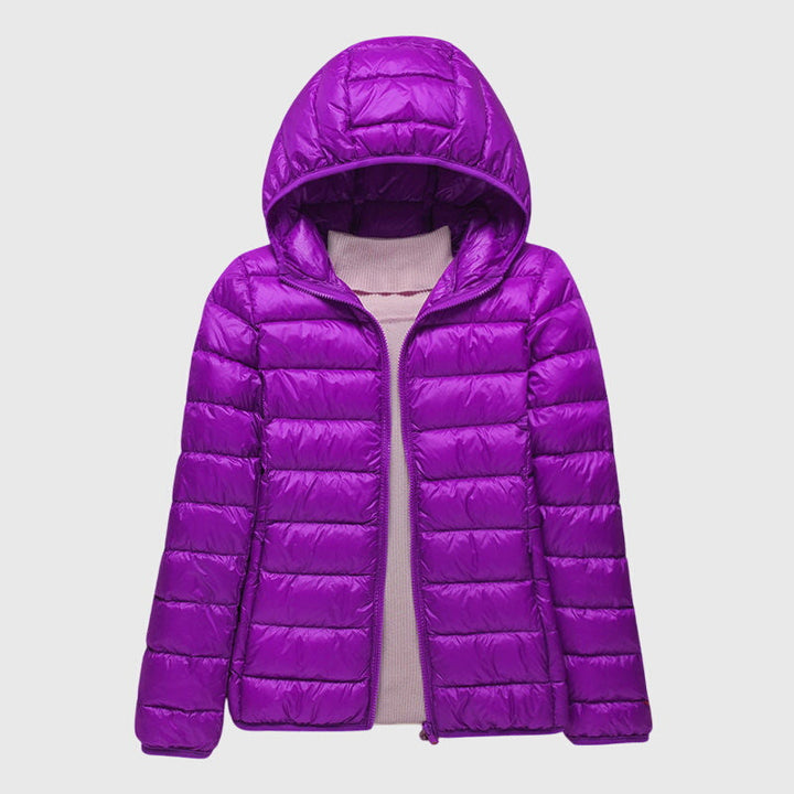Damen Pufferjacke mit Wickelbund und hohem Kragen in Lila