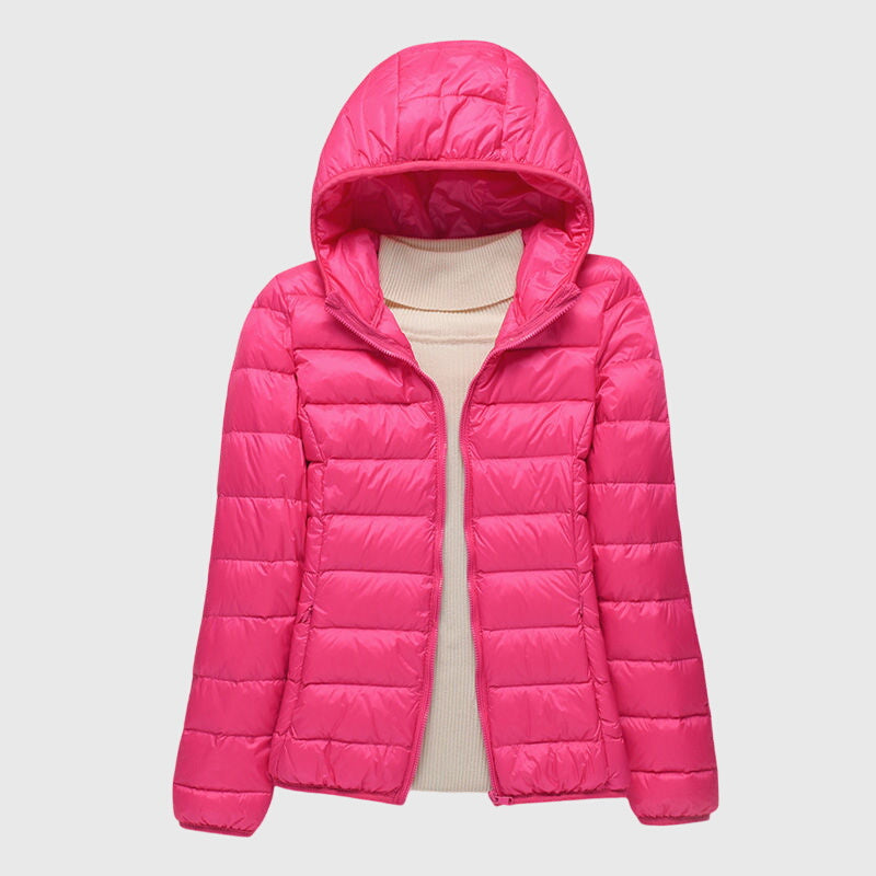 Damen Pufferjacke mit Wickelbund und hohem Kragen in Rosa