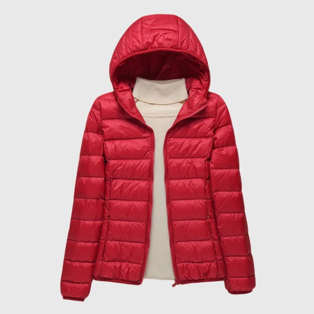 Damen Pufferjacke mit Wickelbund und hohem Kragen in Rot