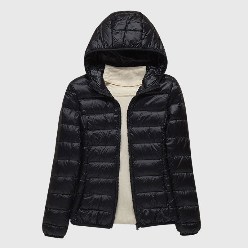 Damen Pufferjacke mit Wickelbund und hohem Kragen in Schwarz